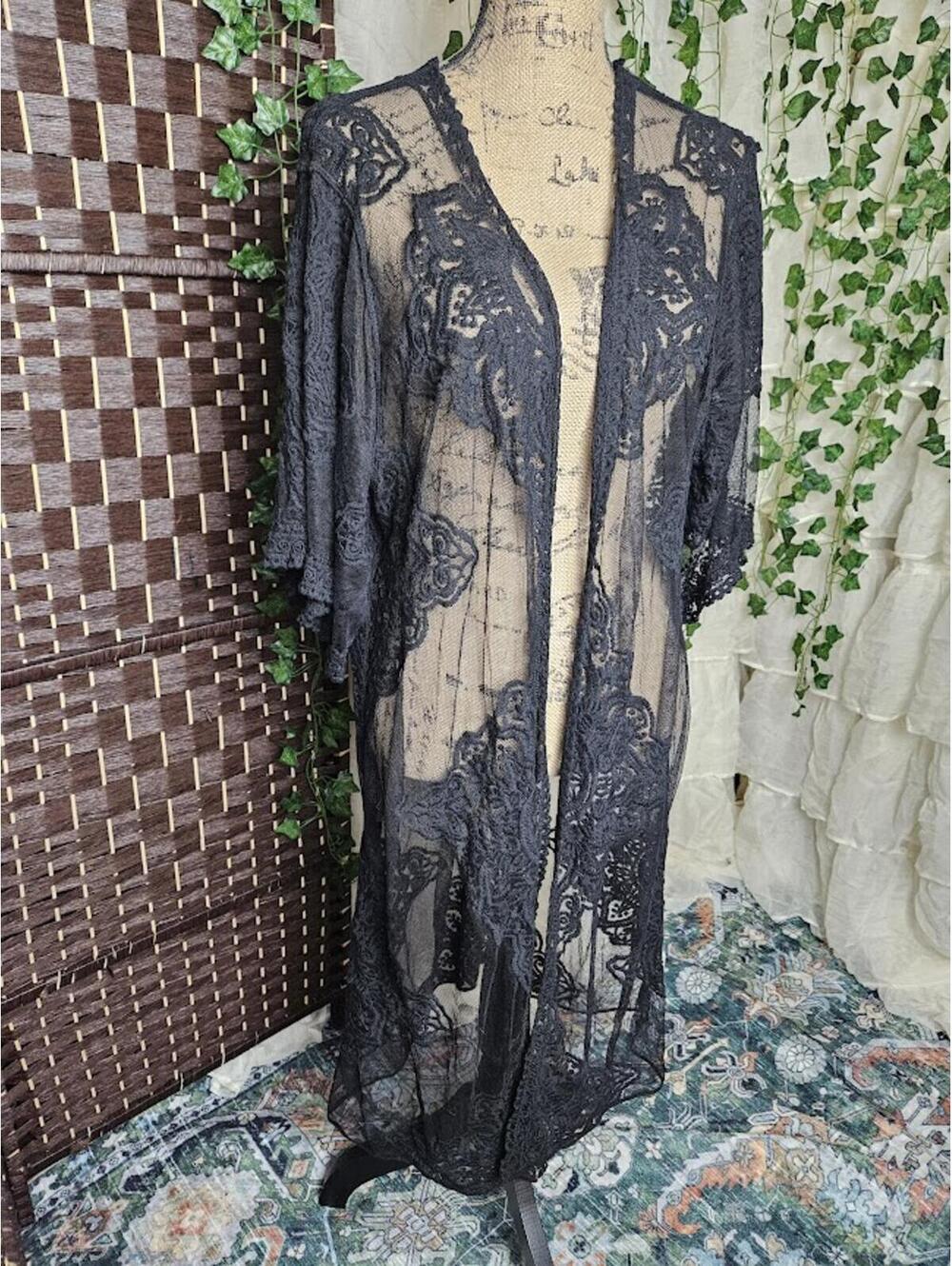 Sheer Black Lace Duster Cardigan Gothic Romantic Longline Kimono Overlay